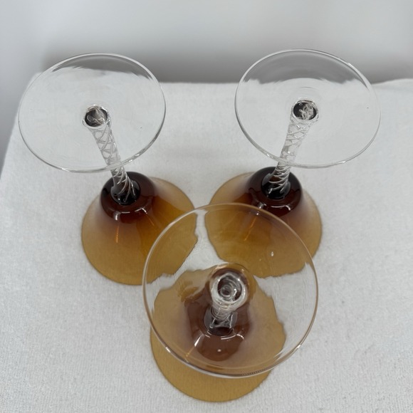 3 Vtg MARTINI GLASSES Blown Glass AMBER OMBRE Bowl Clear Swirl Stem MCM - Picture 4 of 6